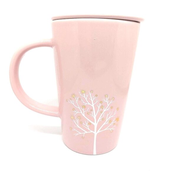 Davids Tea The Perfect Mug Cool Pink Starry Tree with Lid 12 oz White and Gold - Picture 3 of 9